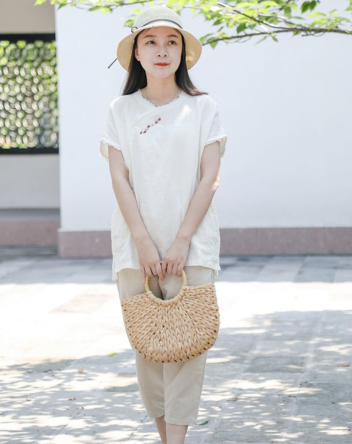 Women's Summer Linen Tapered Pants with Pockets
