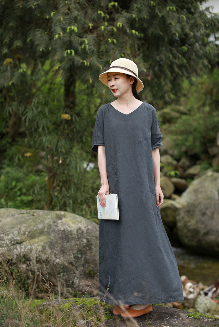 Gray Linen Embroidered Half Sleeves Maxi Dress For Women