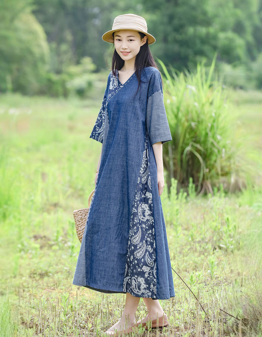 Blue Cotton Patchwork V Neck Maxi Dress For Women Casual