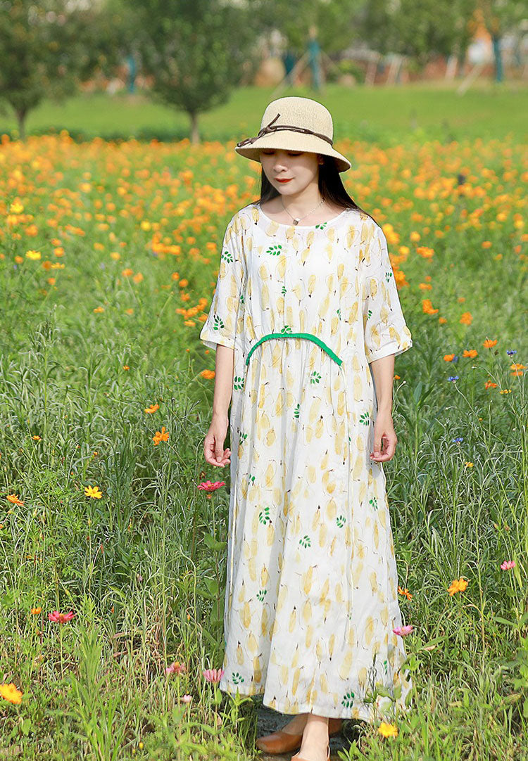Linen Floral Print Round Neck Oversized Maxi Dresses Women