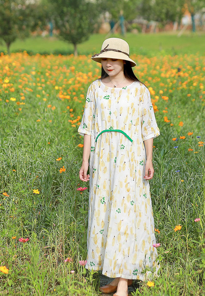 Linen Floral Print Round Neck Oversized Maxi Dresses Women