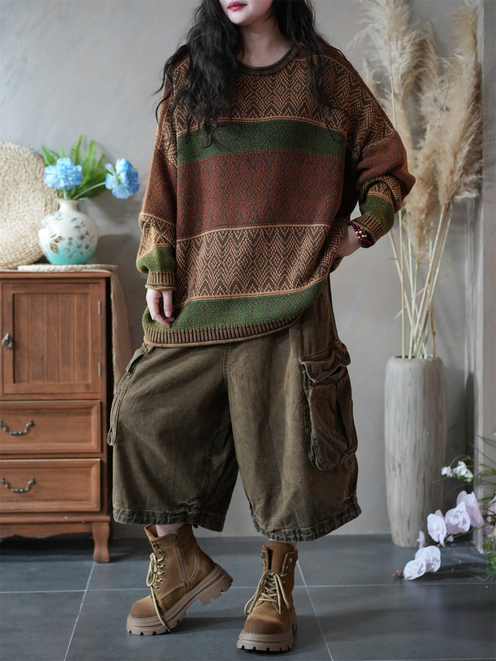 Cotton Oversized Striped Knitted Sweater for Women