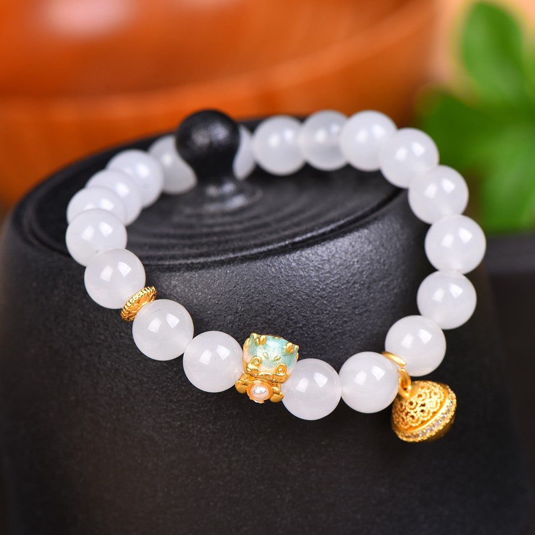White Jade 10mm Lucky Cat Bell Bracelet for Good Luck