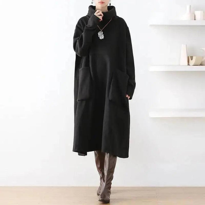Women's Cotton Dress Elegant Autumn Dress in Black for Women-Women's dress-Thebesttailor-One size-Black-Cotton-Thebesttailor