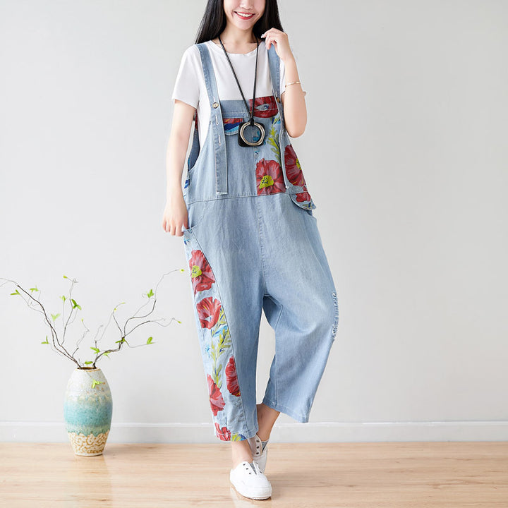 Summer Casual Blue Patchwork Overalls for Women