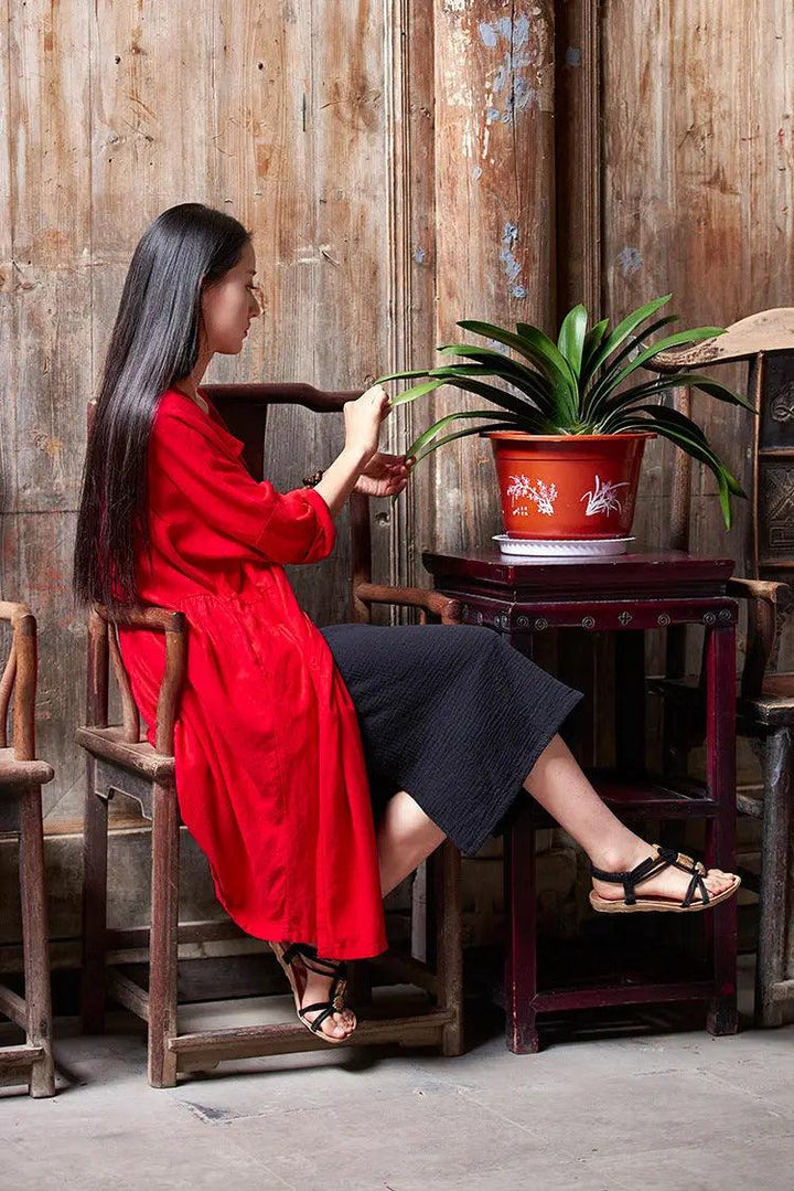 Stylish Red Retro Women's Cotton Long Sleeve Shirt-Women's Shirt-Thebesttailor-Thebesttailor