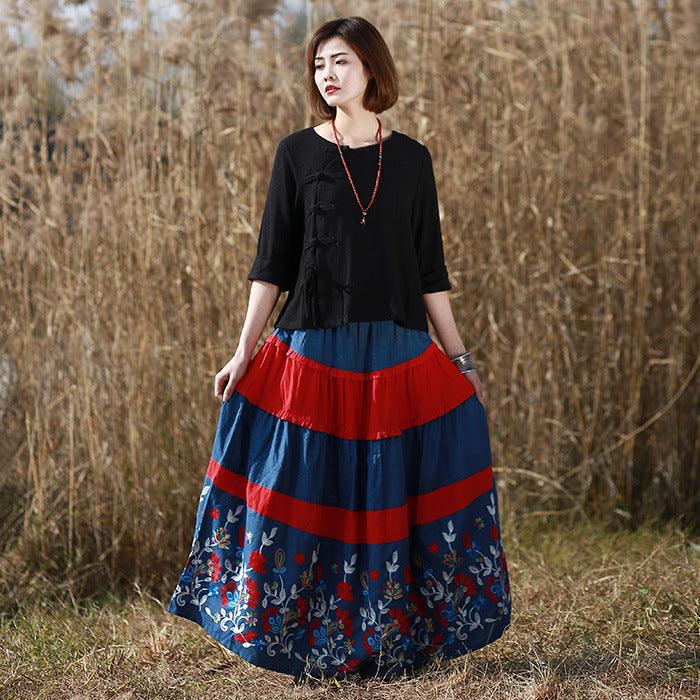 Bohemian Blue Floral Long A-line Skirt in Cotton/Linen-Women's Skirts-Thebesttailor-Thebesttailor