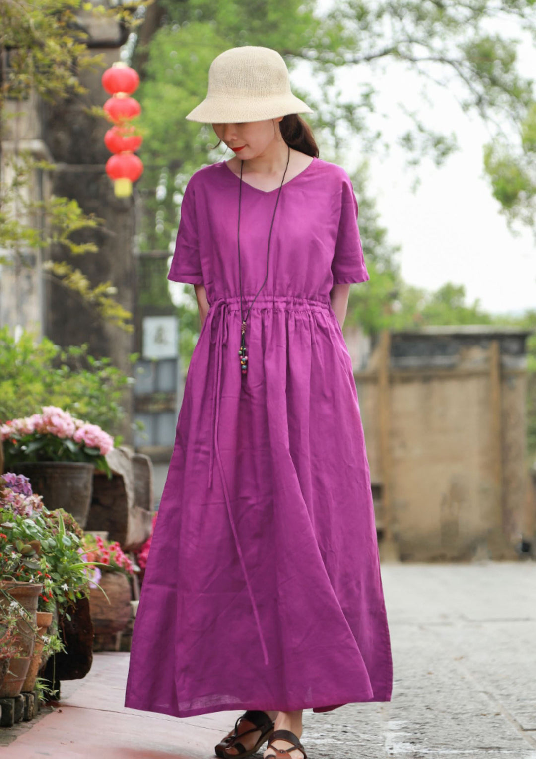 Summer Purple Linen Wrap Dress for Women