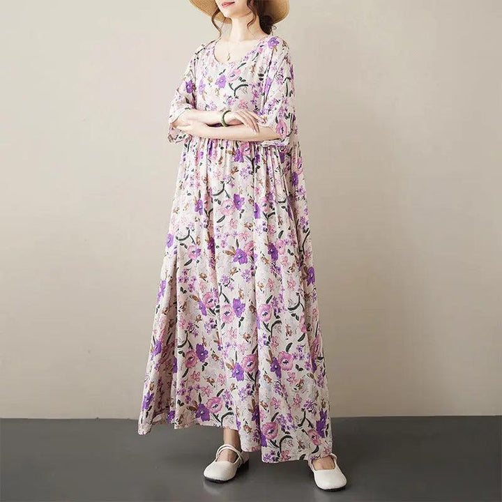 Bohemian Maxi Dress Pink Floral Cotton Dress with Half Sleeves-Women's dress-Thebesttailor-Thebesttailor