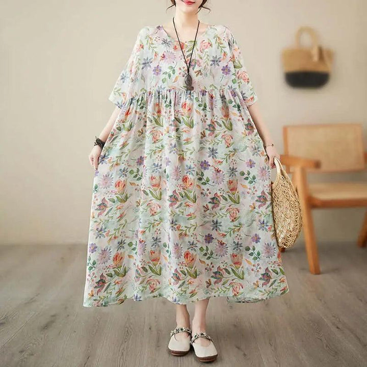 Women's Summer Dress Flowery Green Linen A-Line Dress-Women's dress-Thebesttailor-Thebesttailor