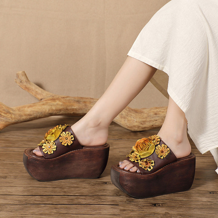 Cowhide Thick-Sole floral sandals for women