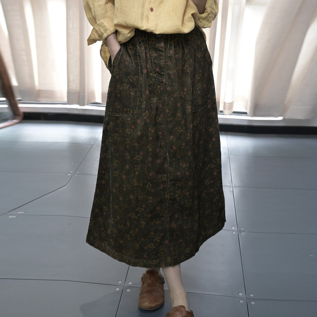 Floral cotton A-line midi skirt with elastic waist