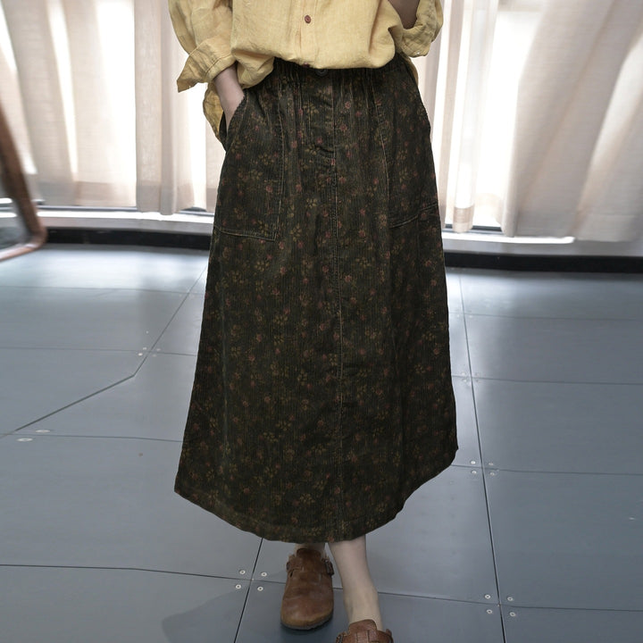 Floral cotton A-line midi skirt with elastic waist