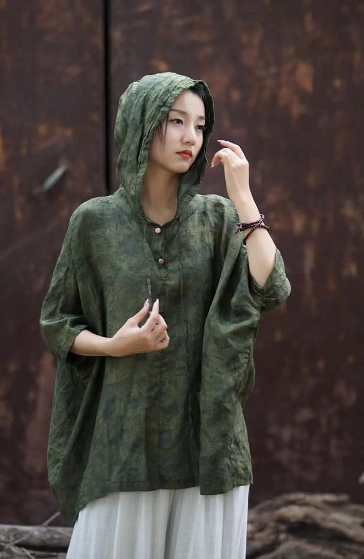 Hooded Vintage Green Linen and Ramie Sun Shirt for Women-Women's Shirt-Thebesttailor-Thebesttailor