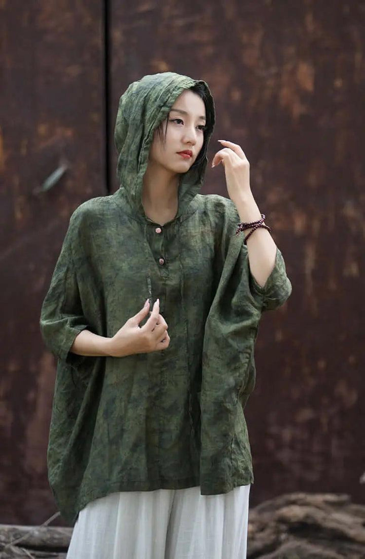 Hooded Vintage Green Linen and Ramie Sun Shirt for Women-Women's Shirt-Thebesttailor-Thebesttailor