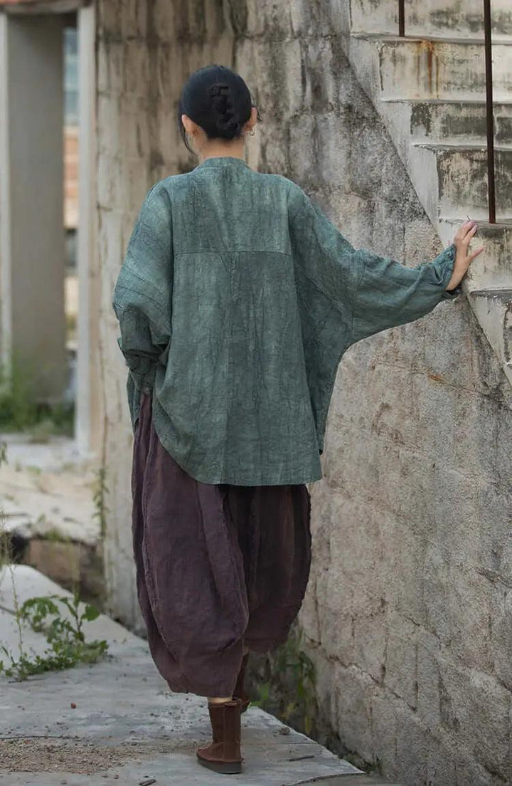 Vintage Spring Linen Women's Stand Collar Cardigan-Women's Shirt-Thebesttailor-Thebesttailor