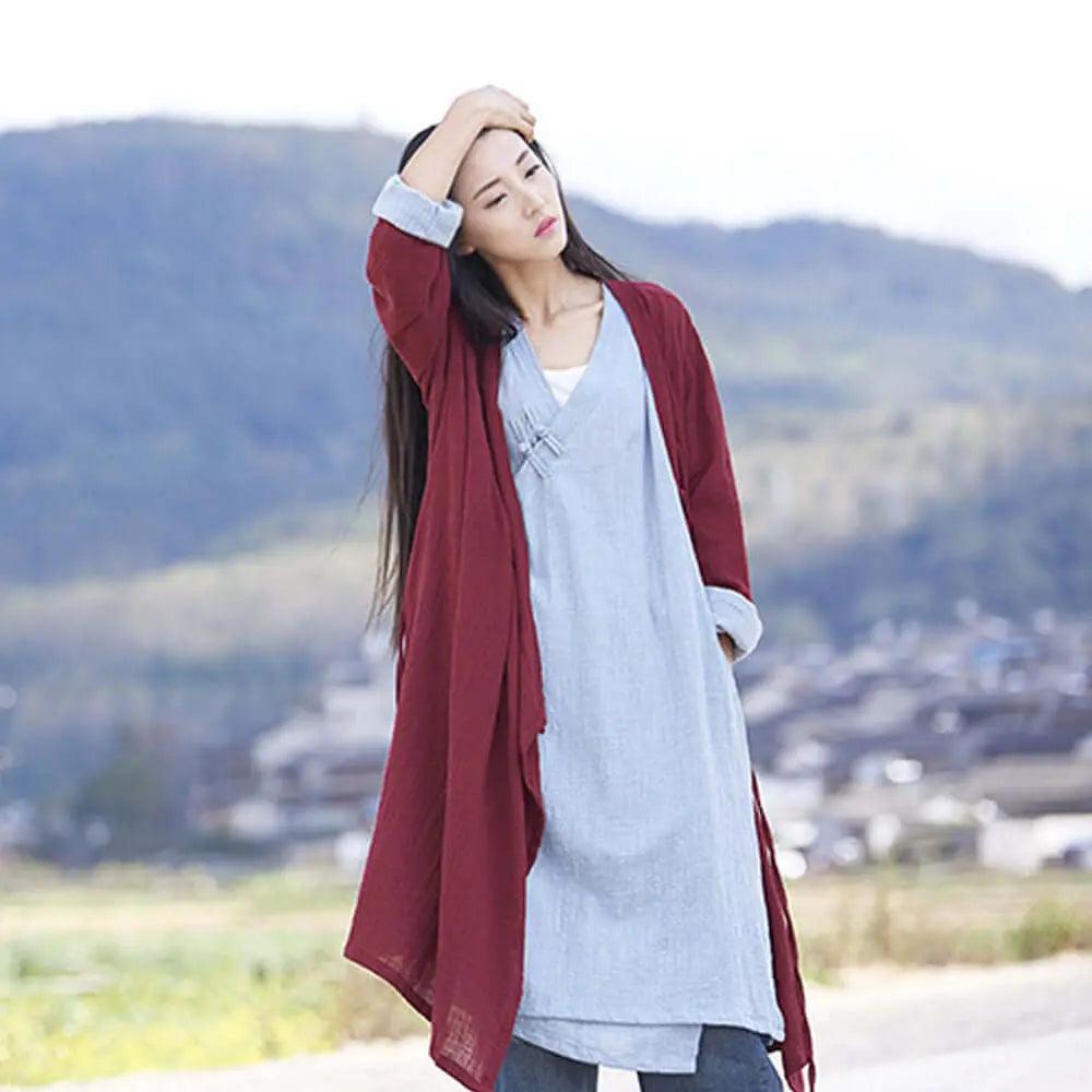 Red Linen Vintage Loose Blouse with Sand Wash Finish-Women's Shirt-Thebesttailor-Thebesttailor
