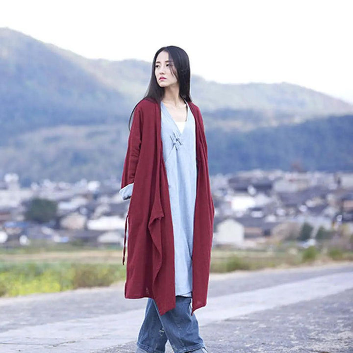 Red Linen Vintage Loose Blouse with Sand Wash Finish-Women's Shirt-Thebesttailor-Thebesttailor