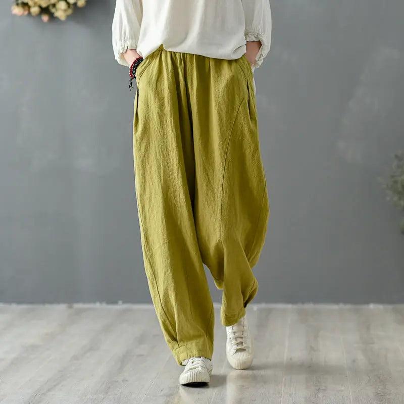 Vintage Summer Ginger Linen Tapered Women's Pants for Casual Wear-Women's pants-Thebesttailor-One size-Ginger yellow-Thebesttailor