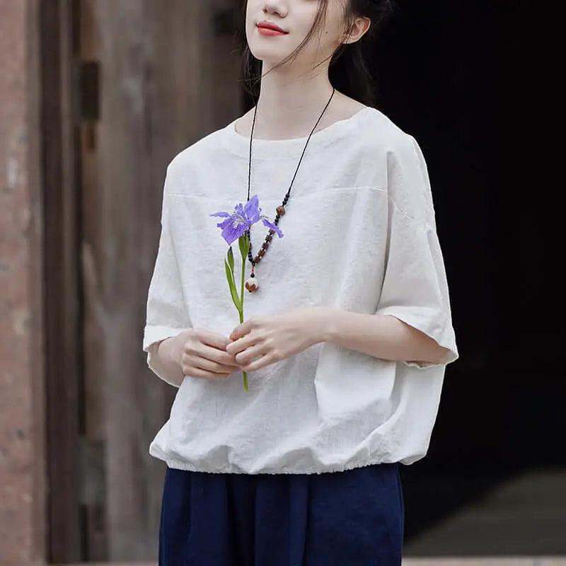 Loose White Cotton and Linen Short Sleeve T-shirt for Women-Women's Shirt-Thebesttailor-Thebesttailor
