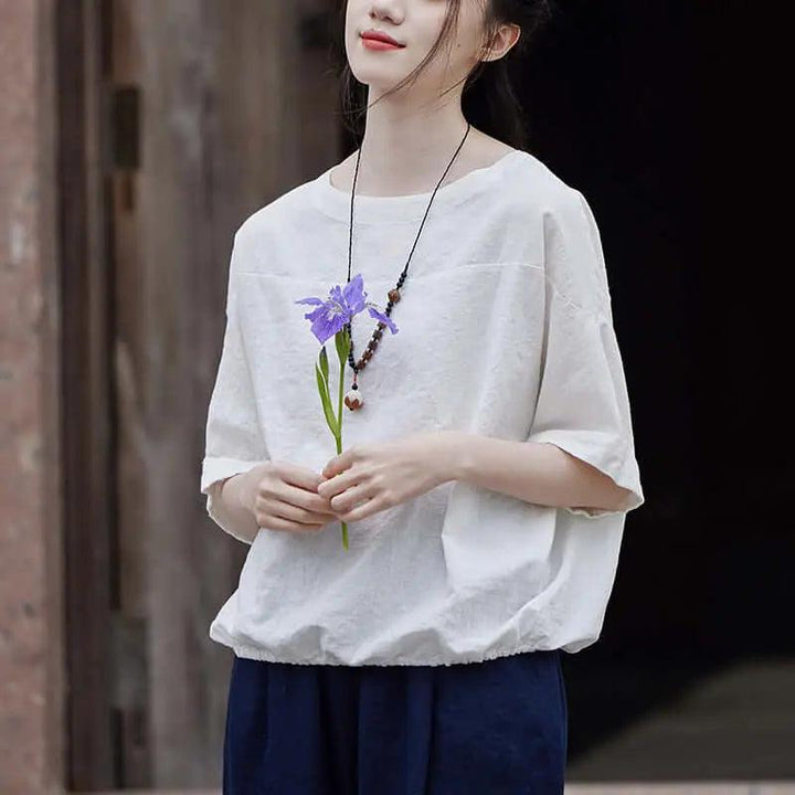 Loose White Cotton and Linen Short Sleeve T-shirt for Women-Women's Shirt-Thebesttailor-Thebesttailor