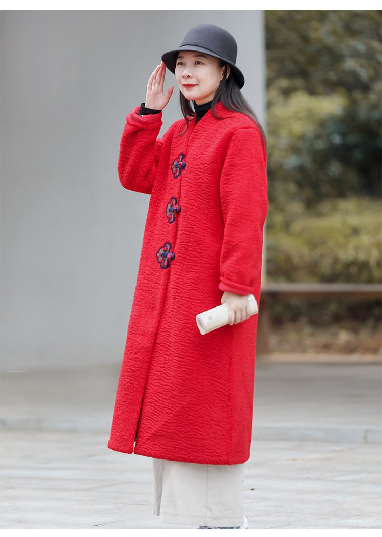 Chinese Lambswool Long Overcoat Cardigan in Beige and Red
