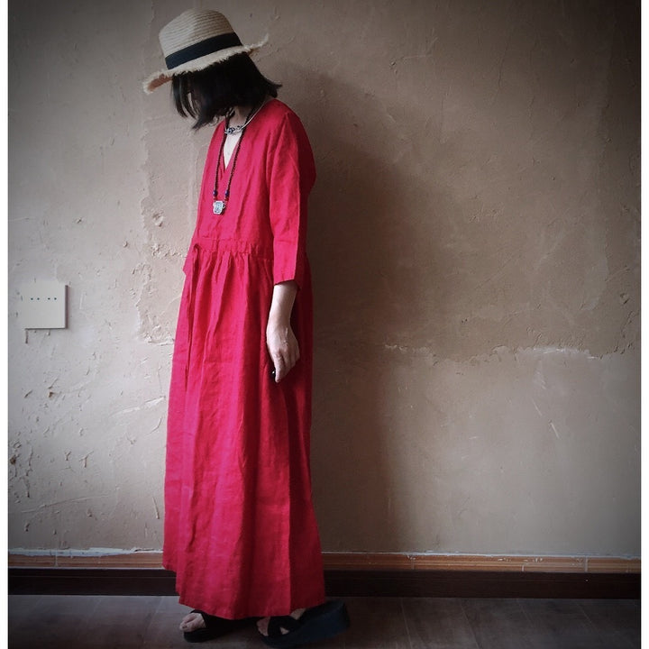 Summer Dark Blue V-Neck Linen Maxi Dress with Long Sleeves