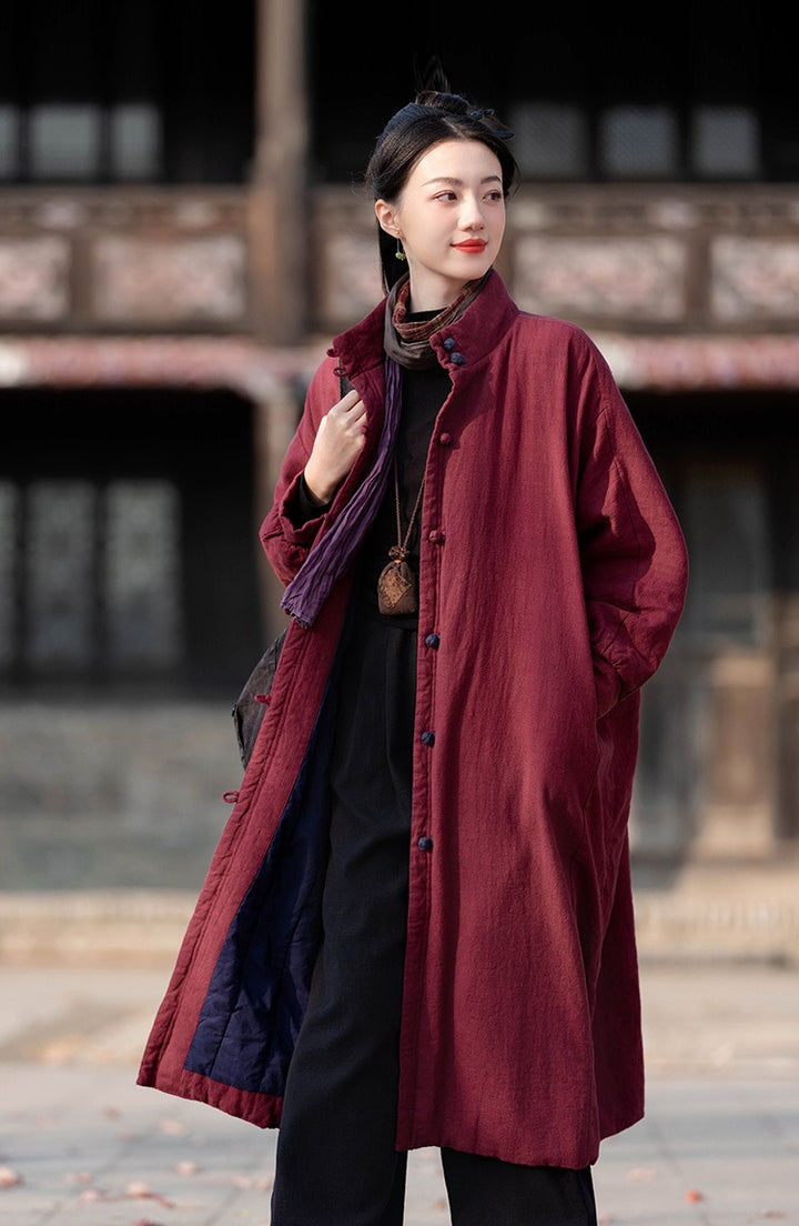 Women's Winter Christmas Linen Quilted Midi Coat