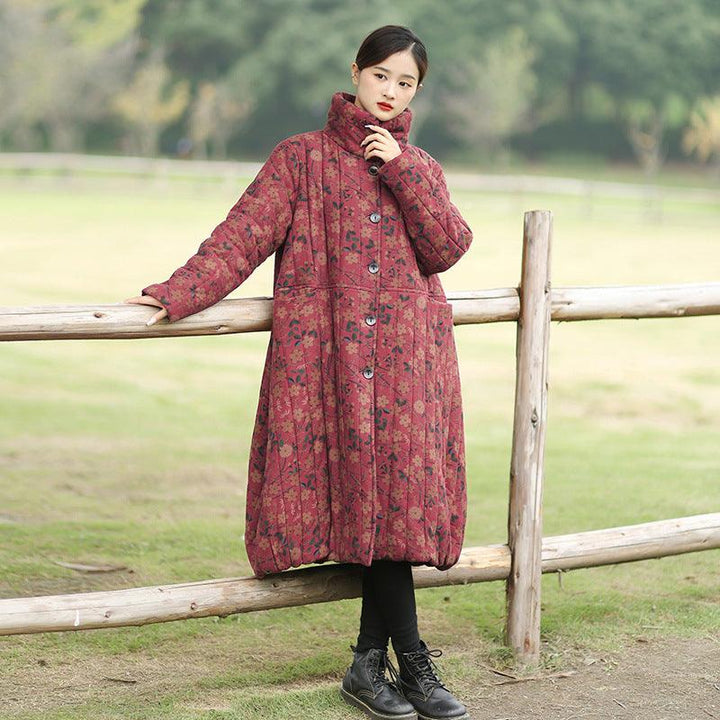 Retro Floral Stand-Up Collar Loose Fit Fleece Coat for Women-Women's coat-Thebesttailor-One size-Red-Linen-Thebesttailor