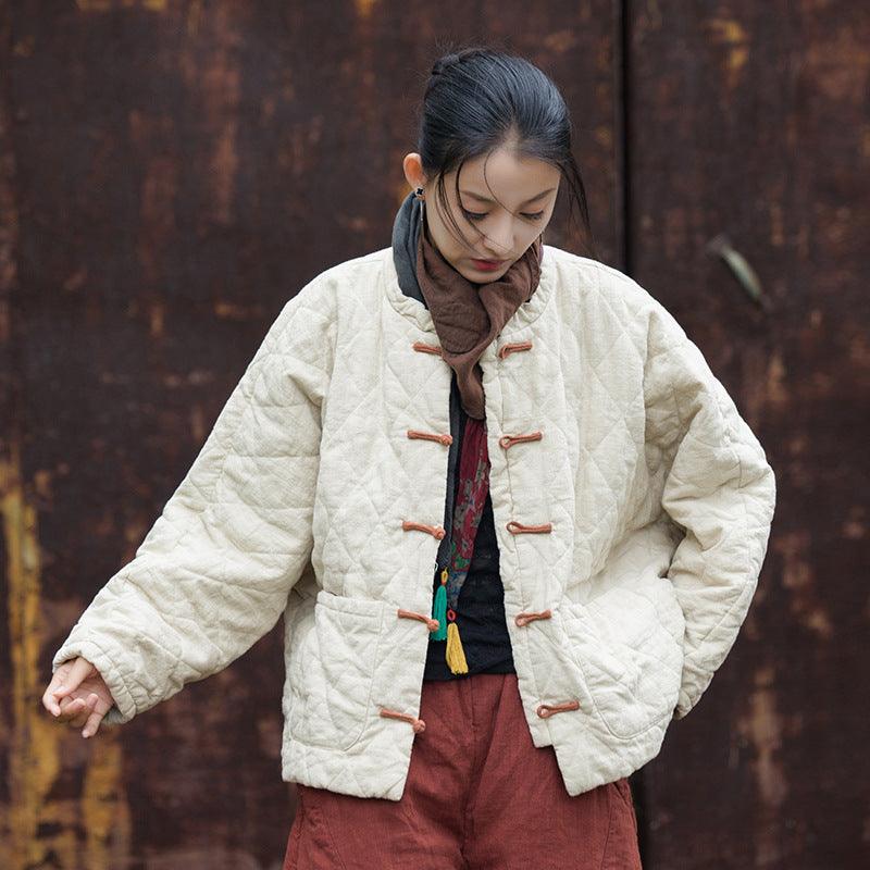 Retro Women's Long Sleeve Linen Padded Winter Coat-Women's coat-Thebesttailor-One size-White-Linen-Thebesttailor
