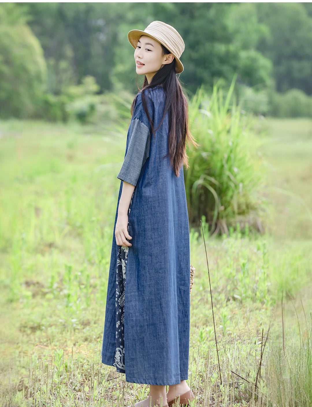 Blue Cotton Patchwork V Neck Maxi Dress For Women Casual