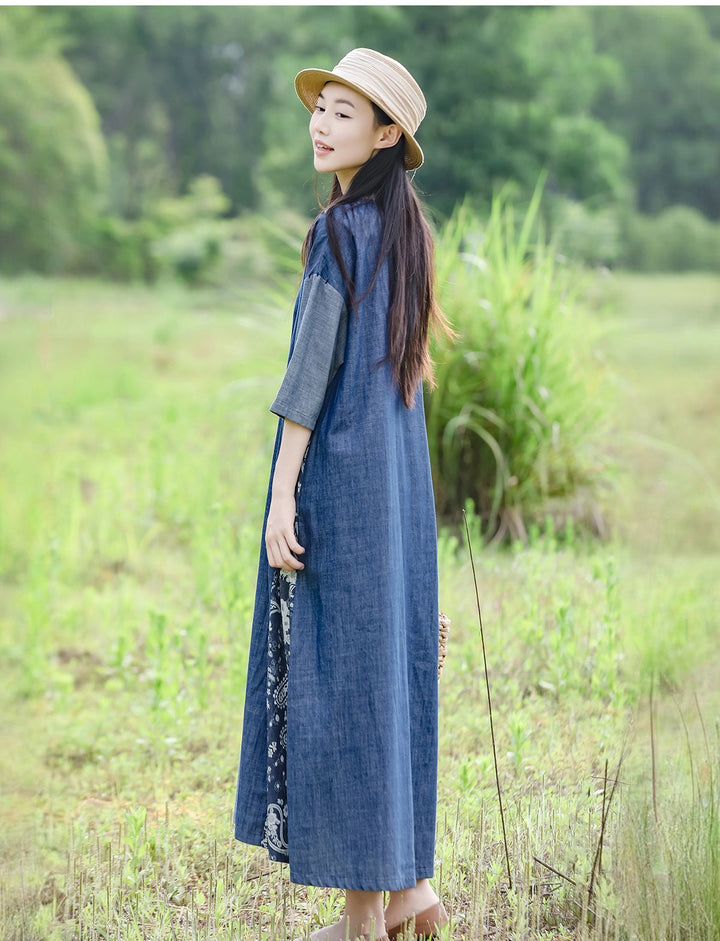 Blue Cotton Patchwork V Neck Maxi Dress For Women Casual