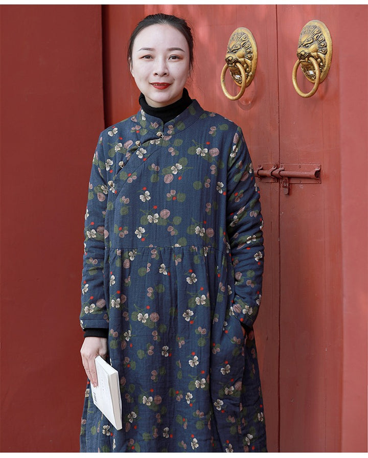 Womens Cotton Floral Chinese Style Tie Waist Dress Navy