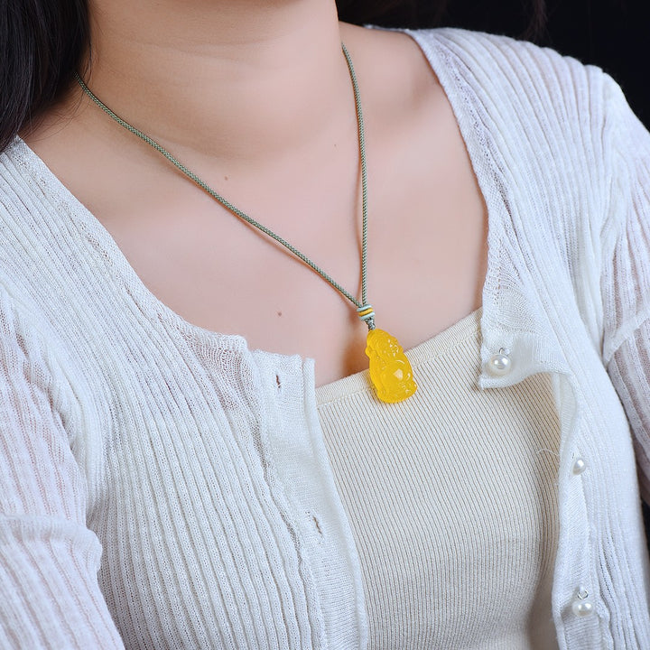 Yellow Chalcedony Fortune Pendant Necklace Amulet for Women