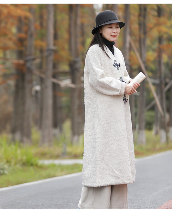 Chinese Lambswool Long Overcoat Cardigan in Beige and Red