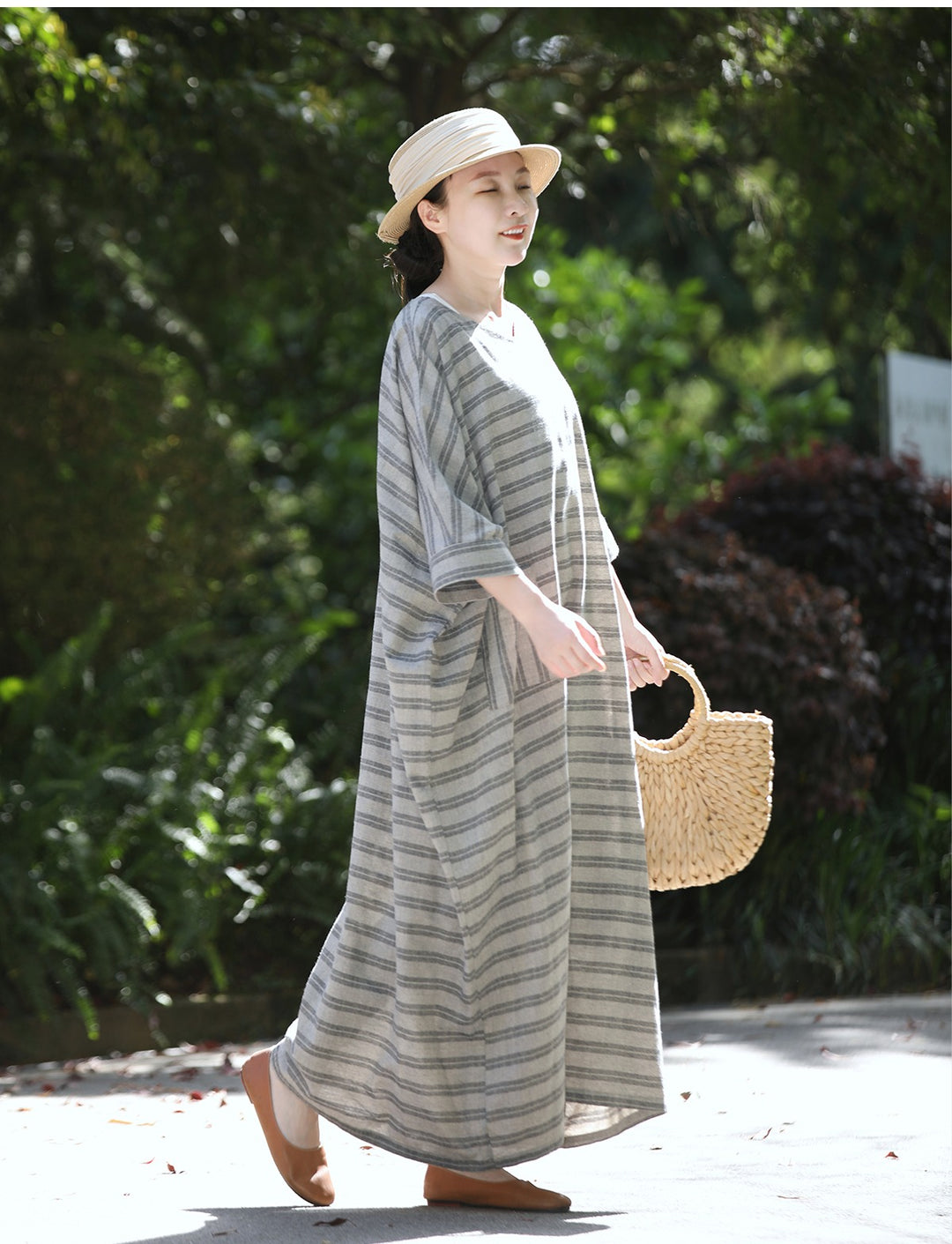 Summer Linen gray Oversized Striped Dress for Women