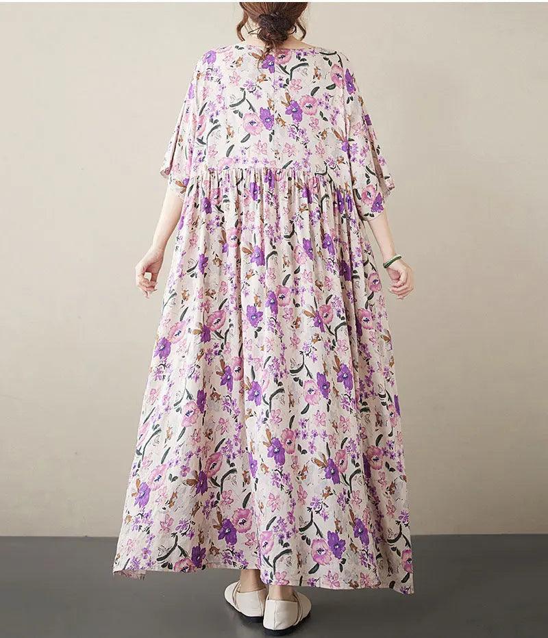 Bohemian Maxi Dress Pink Floral Cotton Dress with Half Sleeves-Women's dress-Thebesttailor-Thebesttailor
