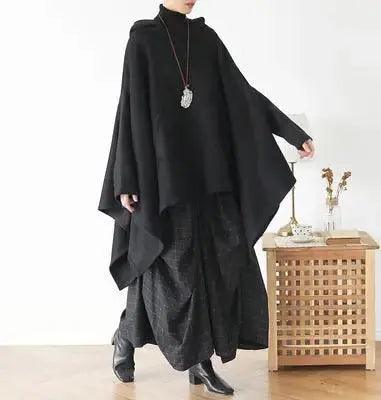 Women's Hooded Cape Asymmetric Long Cape Coat-Women's coat-Thebesttailor-One size-Black-Cotton-Thebesttailor