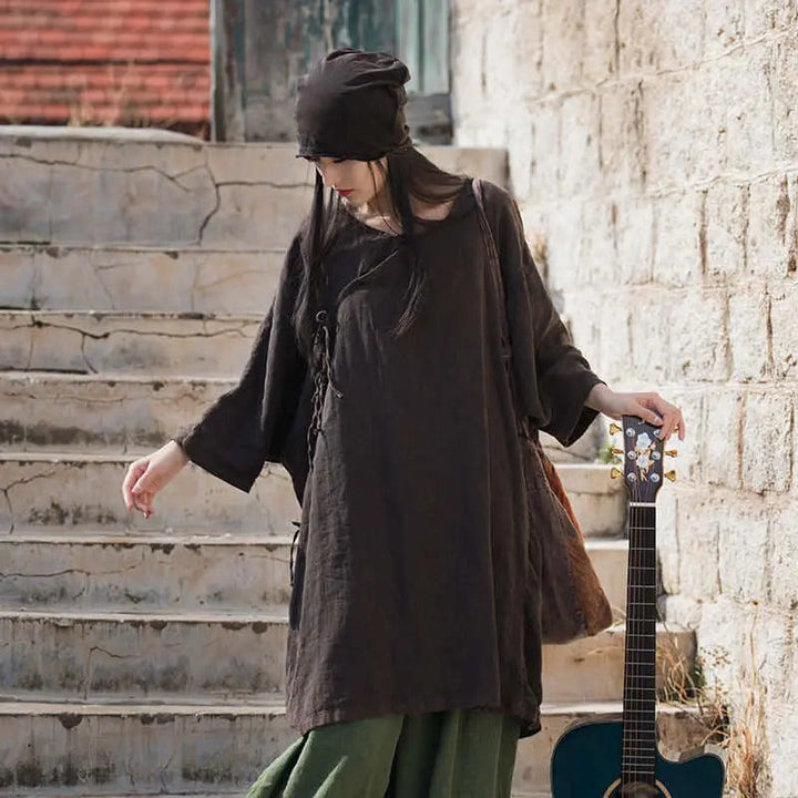 Elegant Vintage Dark Brown Linen Shirt for Women-Women's Shirt-Thebesttailor-One size-Dark brown-Linen Cotton-Thebesttailor