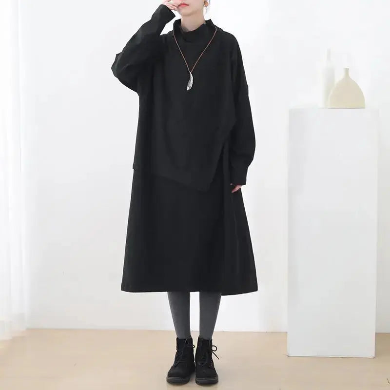 Women's Long Sleeve Dress Stylish Asymmetrical Black Cotton Dress-Women's dress-Thebesttailor-One size-Black-Cotton-Thebesttailor