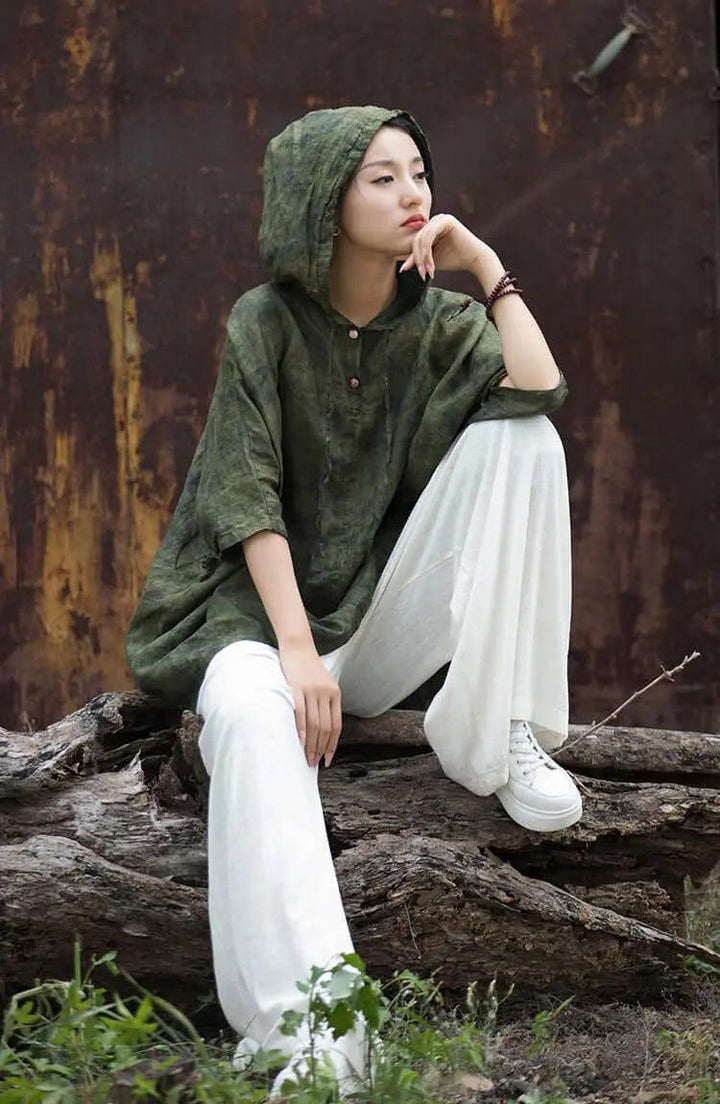 Hooded Vintage Green Linen and Ramie Sun Shirt for Women-Women's Shirt-Thebesttailor-Thebesttailor