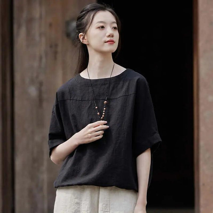 Loose White Cotton and Linen Short Sleeve T-shirt for Women-Women's Shirt-Thebesttailor-One size-Black-Thebesttailor