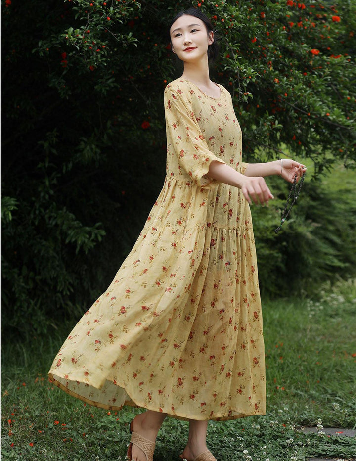 Long floral ramie bustier dress woman Boho Dresses for Women Summer, featuring a loose waist and half sleeves. Perfect for summer!