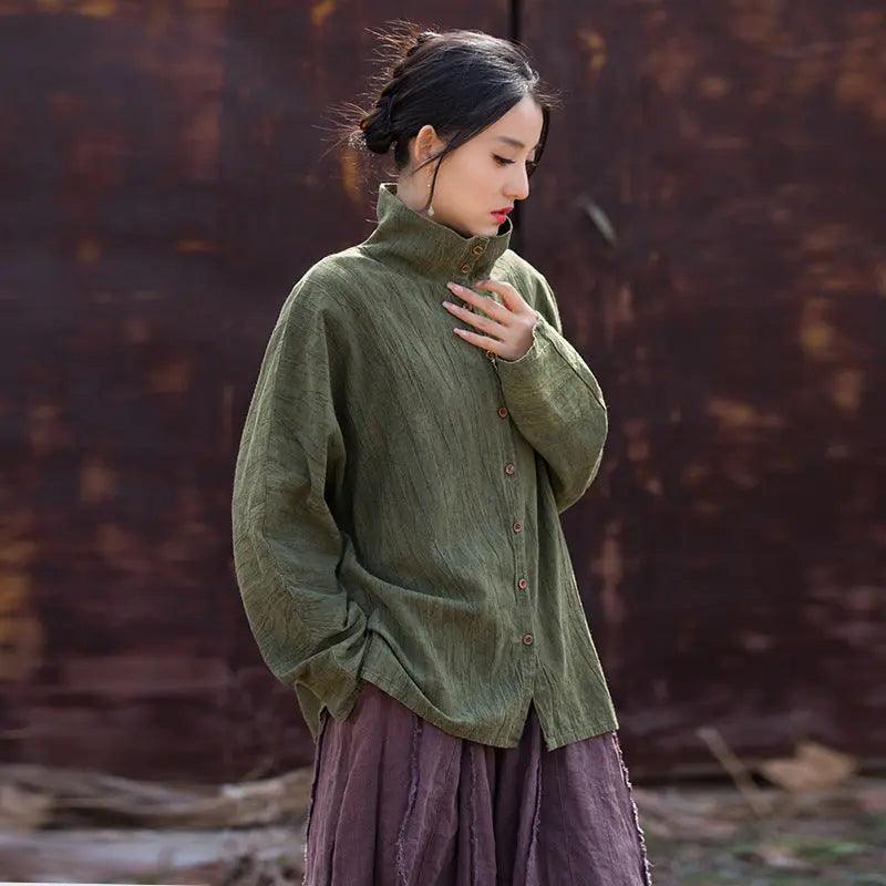 Linen Blouse for Women Elegant Linen Turtleneck Cardigan Blouse-Women's Shirt-Thebesttailor-One Size-Green-Linen-Thebesttailor