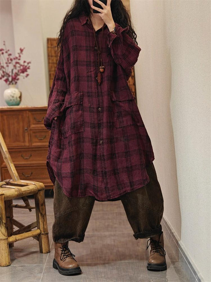 Stylish womens cotton plaid long sleeve shirt in red, featuring a casual design and drop shoulder sleeves. Perfect for warmth.