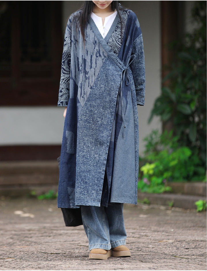 Autumn Indigo Dye Denim Cardigan With Printed Oversized by Thebesttailor