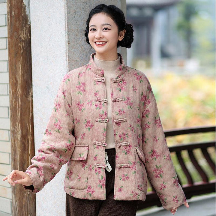 Floral Print Women's Winter Short Velvet Cotton Coat-Women's coat-Thebesttailor-One size-Pink-Cotton-Thebesttailor