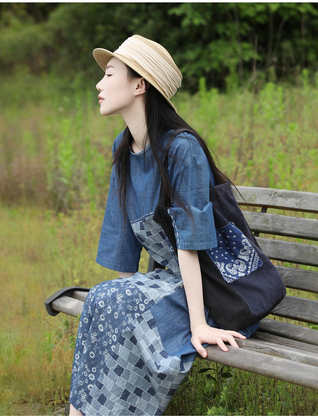 Blue Patchwork Cotton Midi Dress for Women Round Neck