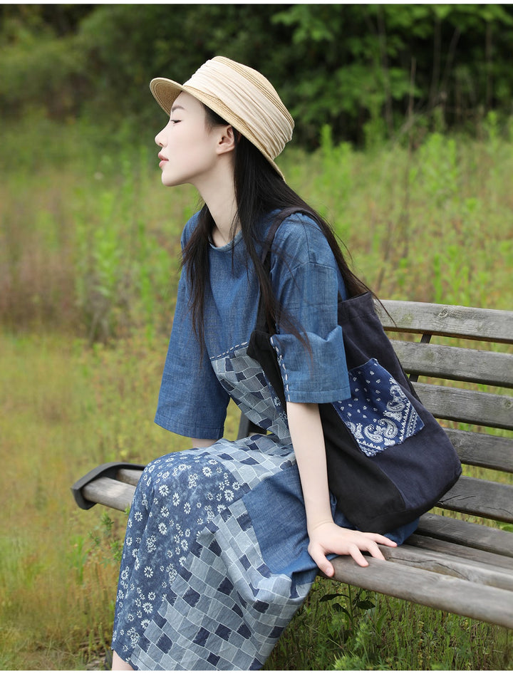 Blue Patchwork Cotton Midi Dress for Women Round Neck