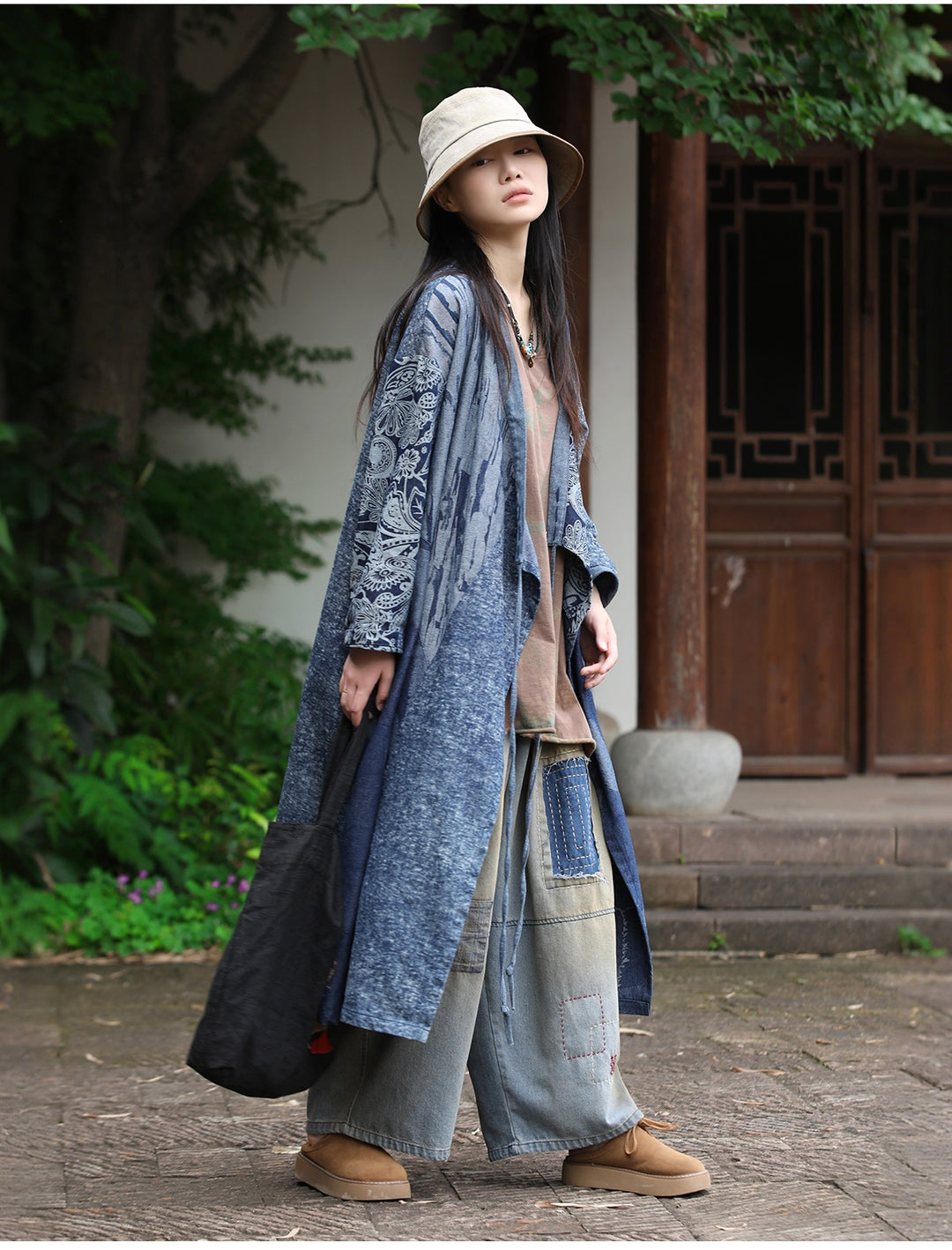 Autumn Indigo Dye Denim Cardigan With Printed Oversized by Thebesttailor